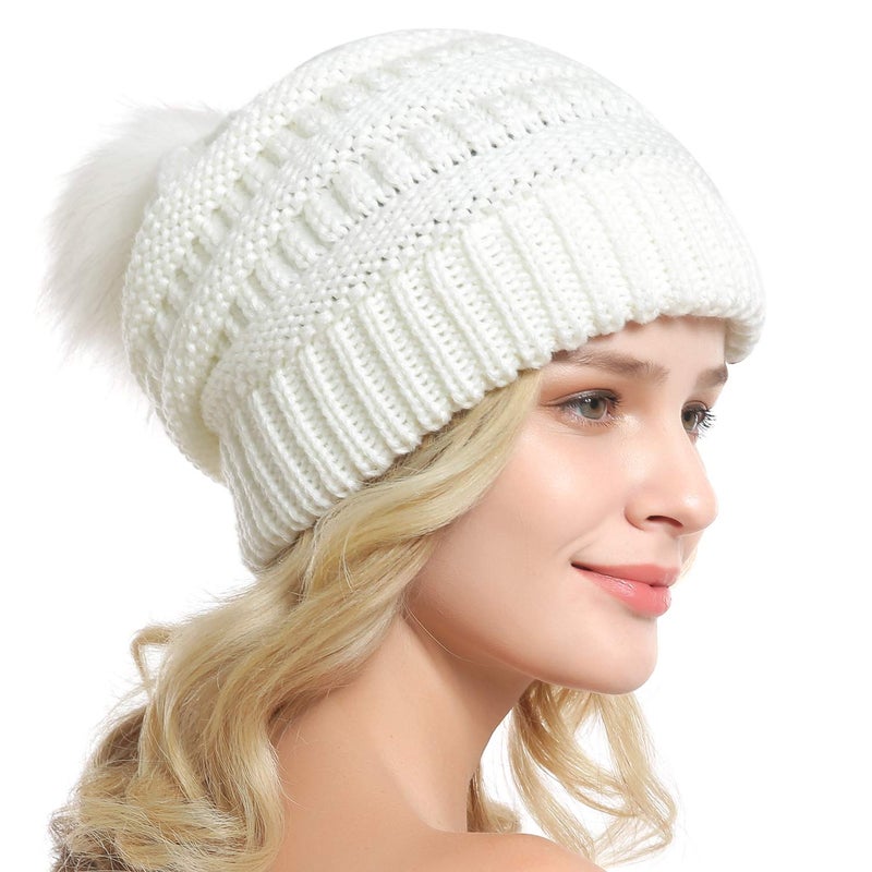 QUEENFUR Women Knit Slouchy Beanie Chunky Baggy Hat with Faux Fur Pompom Winter Soft Warm Ski Cap - Image 4